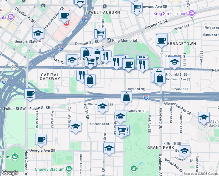 map of restaurants, bars, coffee shops, grocery stores, and more near 387 Oakland Avenue Southeast in Atlanta