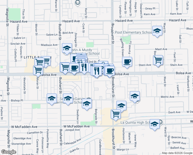 map of restaurants, bars, coffee shops, grocery stores, and more near 9822 Bolsa Avenue in Westminster