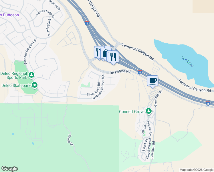map of restaurants, bars, coffee shops, grocery stores, and more near 11868 Viola Circle in Corona