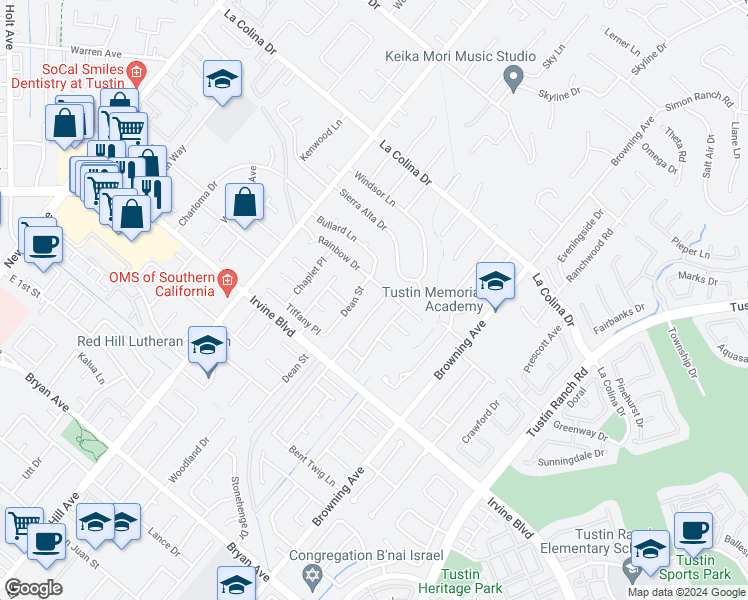 map of restaurants, bars, coffee shops, grocery stores, and more near 12791 Hickory Branch Road in Santa Ana