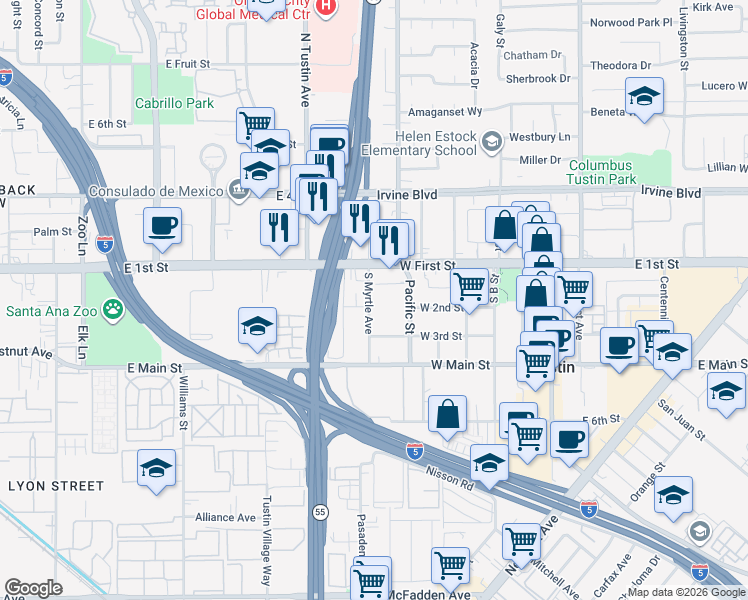 map of restaurants, bars, coffee shops, grocery stores, and more near 205 South Myrtle Avenue in Tustin