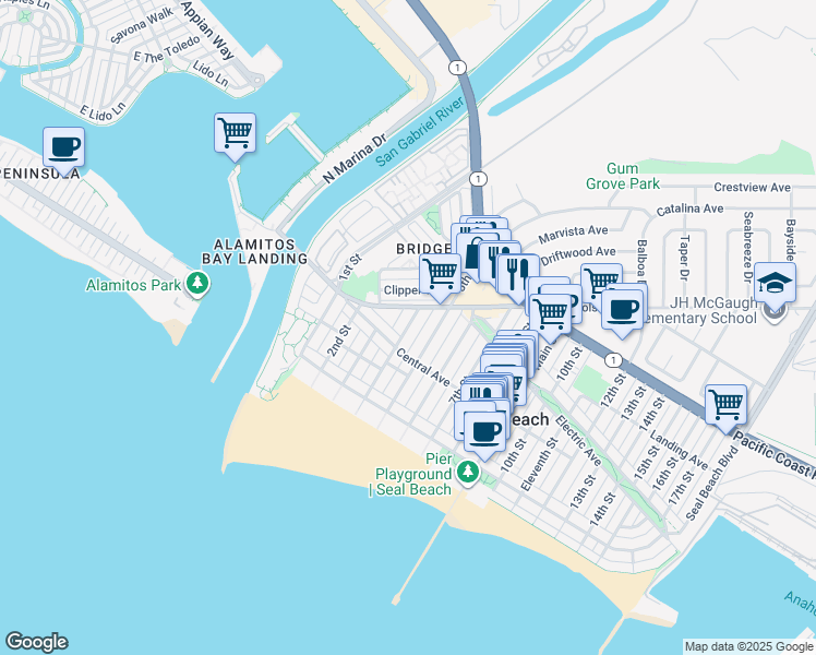 map of restaurants, bars, coffee shops, grocery stores, and more near 212 4th Street in Seal Beach
