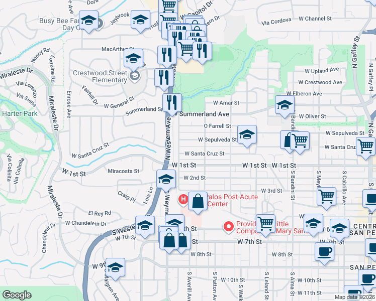 map of restaurants, bars, coffee shops, grocery stores, and more near 1469 West Santa Cruz Street in Los Angeles