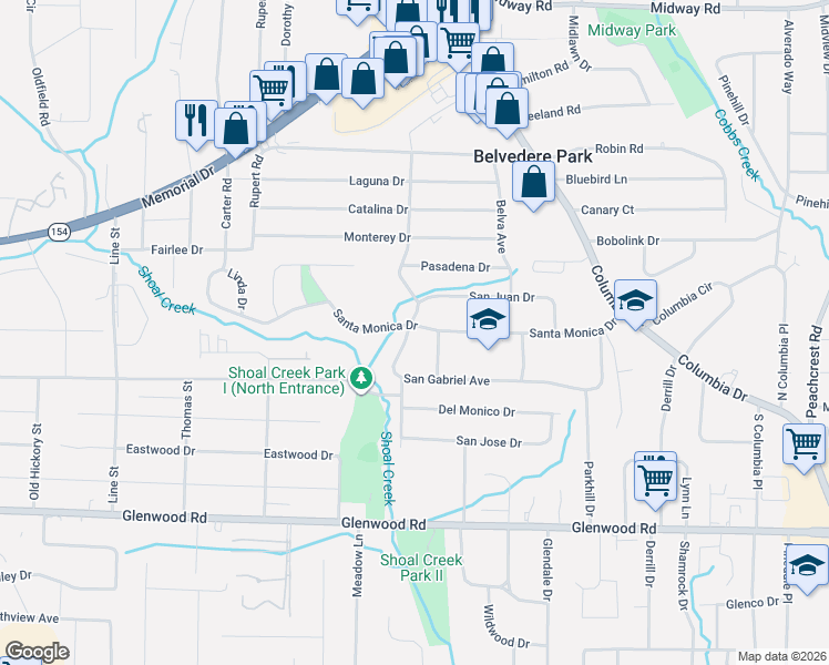 map of restaurants, bars, coffee shops, grocery stores, and more near 1654 San Gabriel Avenue in Decatur