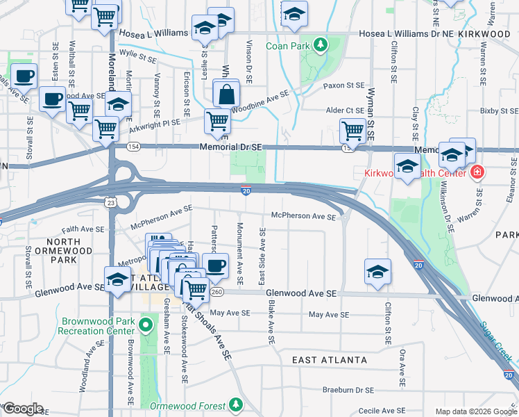 map of restaurants, bars, coffee shops, grocery stores, and more near 1441 McPherson Avenue Southeast in Atlanta
