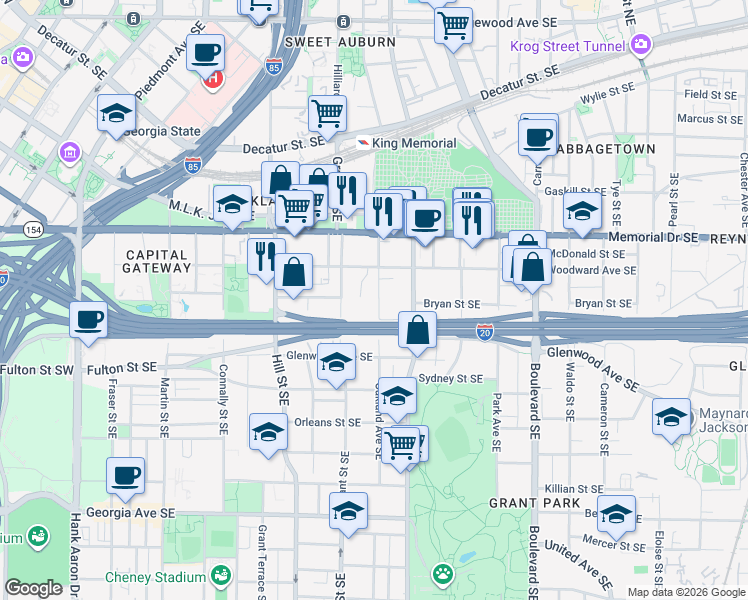 map of restaurants, bars, coffee shops, grocery stores, and more near 375 Oakland Avenue Southeast in Atlanta