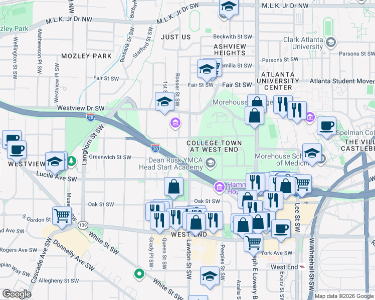 map of restaurants, bars, coffee shops, grocery stores, and more near 406 Lawton Street Southwest in Atlanta