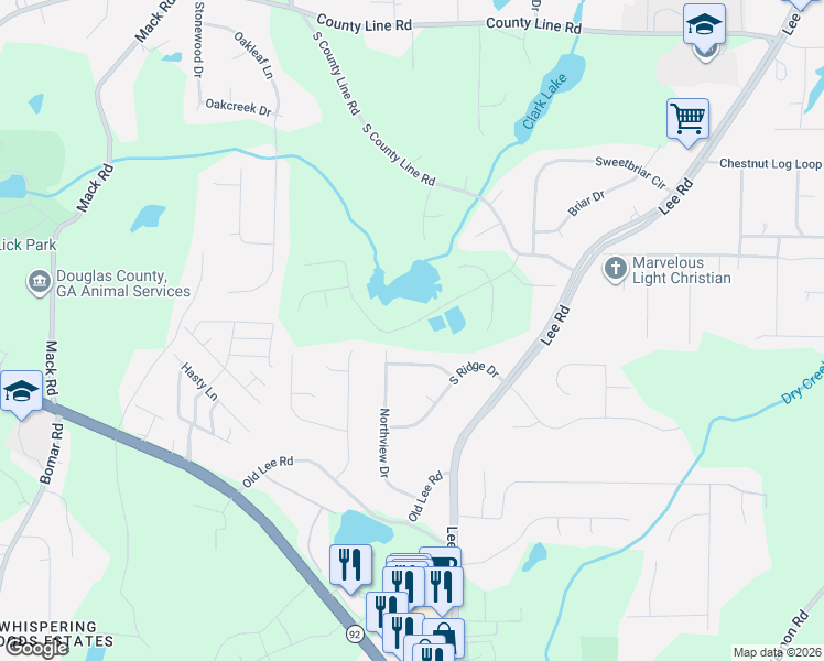 map of restaurants, bars, coffee shops, grocery stores, and more near 3909 Westway Drive in Lithia Springs