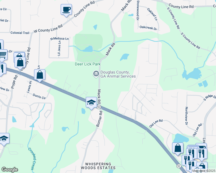 map of restaurants, bars, coffee shops, grocery stores, and more near 2256 Mack Road in Douglasville