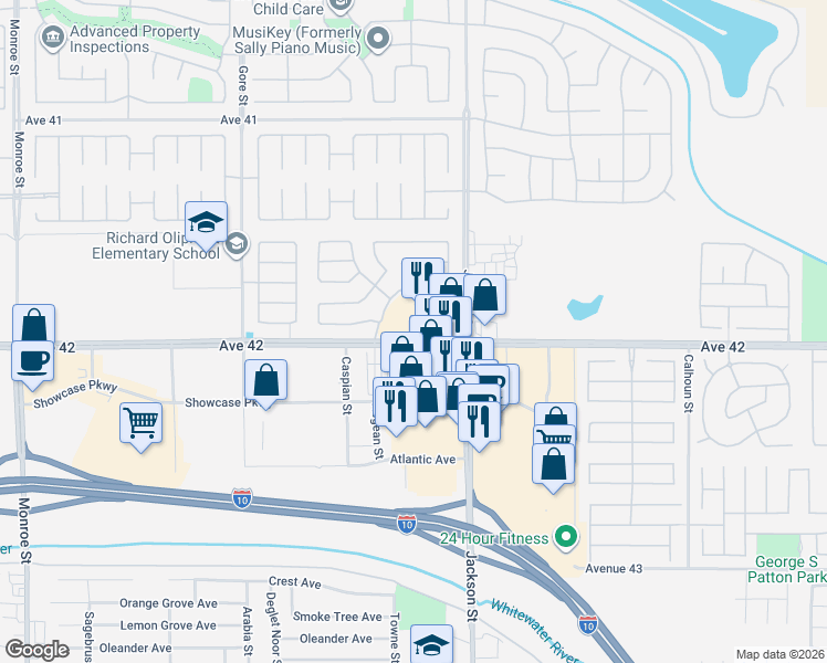 map of restaurants, bars, coffee shops, grocery stores, and more near 82900 Avenue 42 in Indio