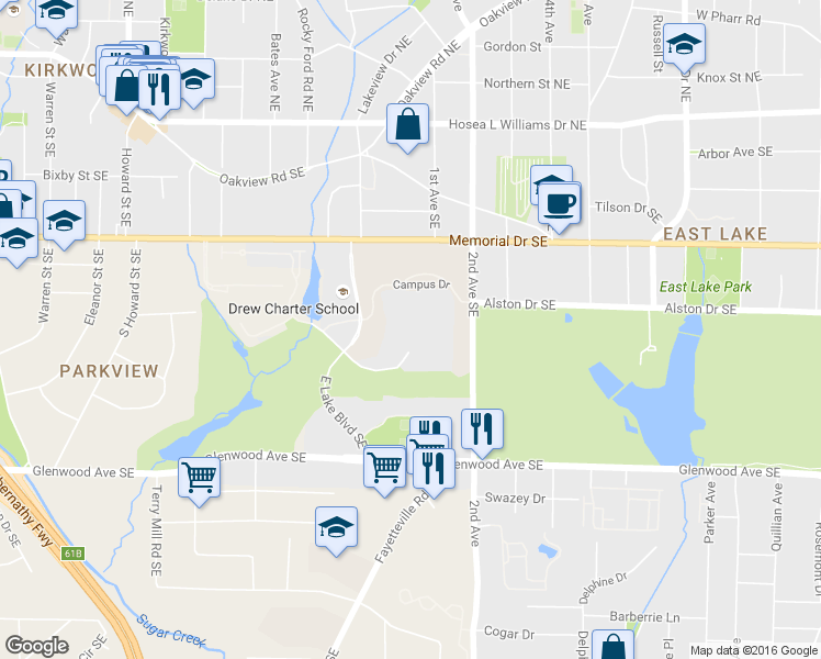 map of restaurants, bars, coffee shops, grocery stores, and more near Links Drive Southeast in Atlanta