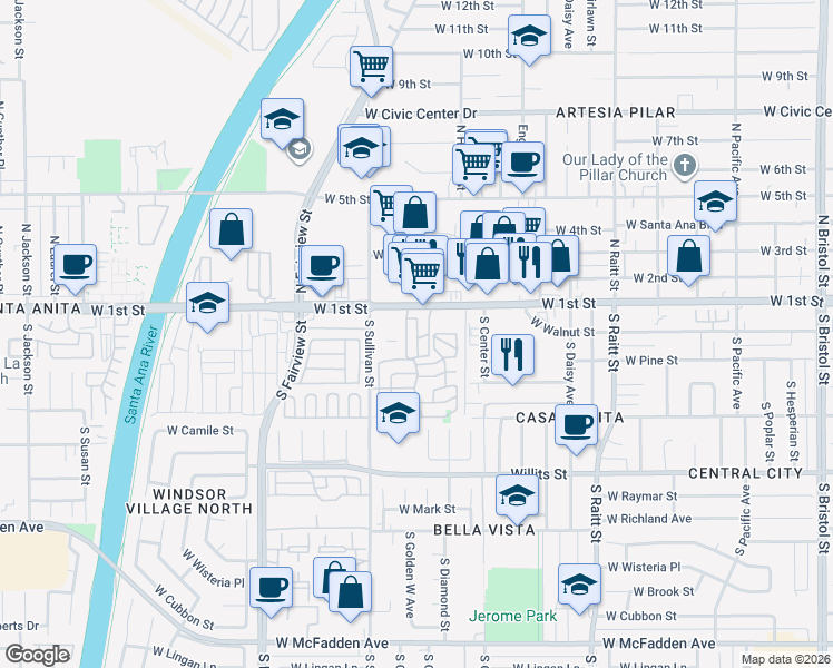 map of restaurants, bars, coffee shops, grocery stores, and more near 121 South Sullivan Street in Santa Ana