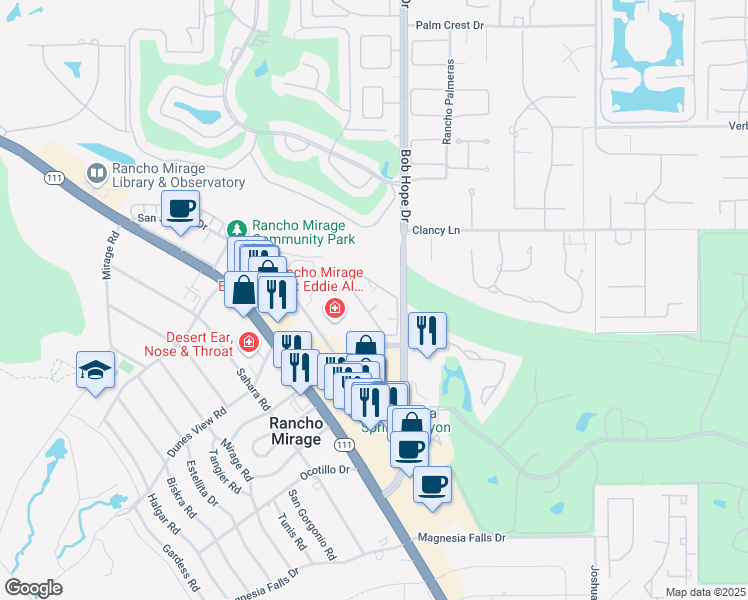 map of restaurants, bars, coffee shops, grocery stores, and more near 71863 Eleanora Lane in Rancho Mirage