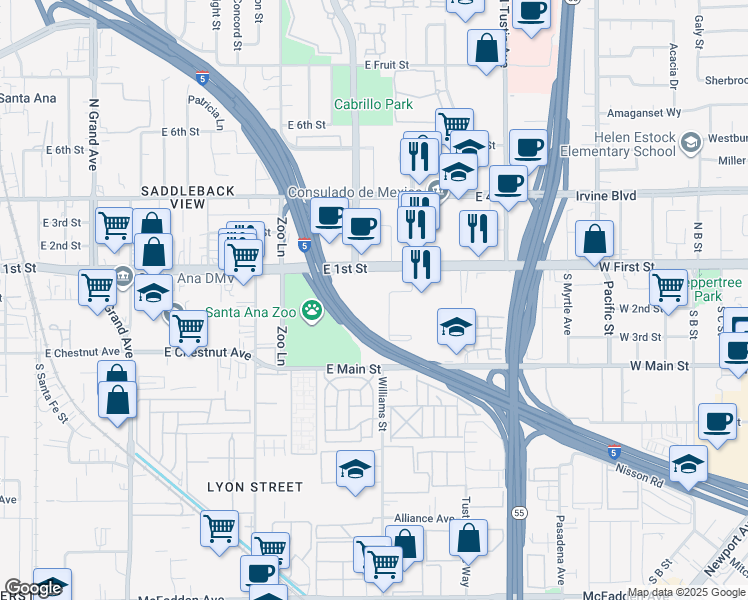 map of restaurants, bars, coffee shops, grocery stores, and more near 1900 East 1st Street in Santa Ana