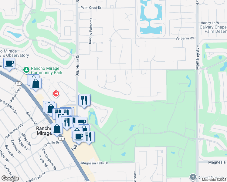 map of restaurants, bars, coffee shops, grocery stores, and more near 16 Clancy Lane South in Rancho Mirage