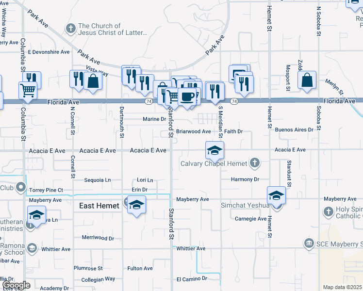 map of restaurants, bars, coffee shops, grocery stores, and more near 41816 Acacia East Avenue in Hemet