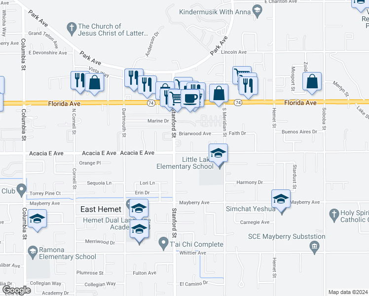 map of restaurants, bars, coffee shops, grocery stores, and more near 41816 Acacia East Avenue in Hemet