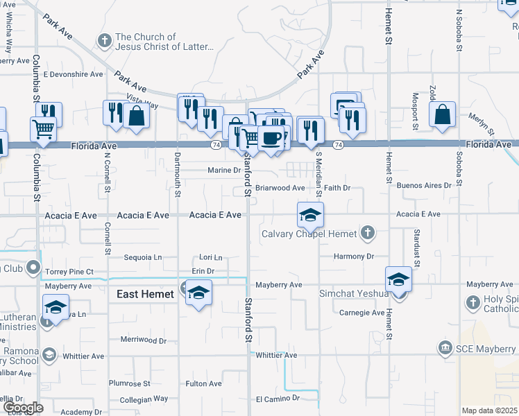 map of restaurants, bars, coffee shops, grocery stores, and more near 41798 Acacia East Avenue in Hemet