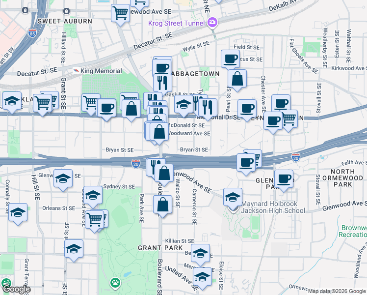map of restaurants, bars, coffee shops, grocery stores, and more near 653 Bryan Street Southeast in Atlanta
