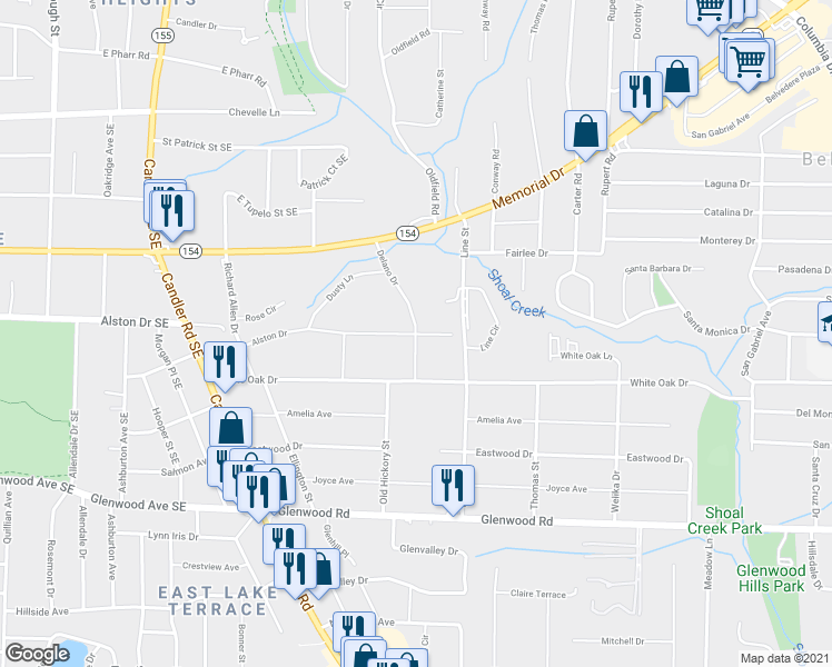 map of restaurants, bars, coffee shops, grocery stores, and more near Alston Dr & Delano Dr in Belvedere Park