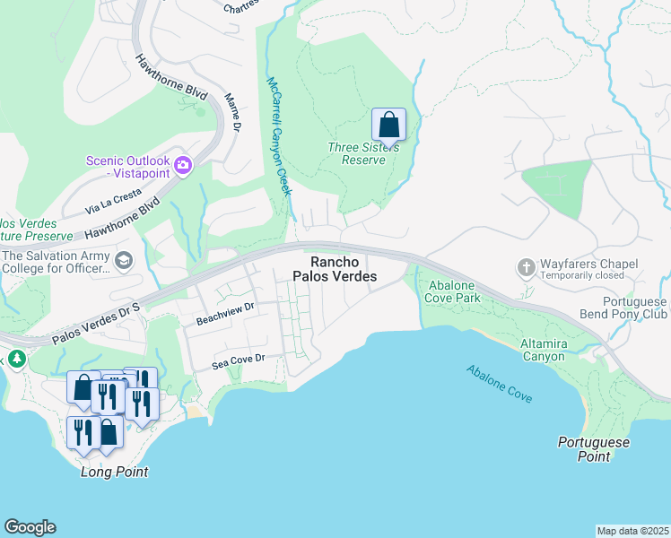 map of restaurants, bars, coffee shops, grocery stores, and more near 32007 Isthmus View Drive in Rancho Palos Verdes
