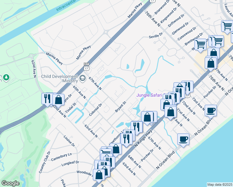 map of restaurants, bars, coffee shops, grocery stores, and more near 782 67th Avenue North in Myrtle Beach