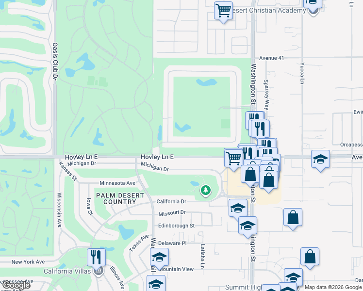 map of restaurants, bars, coffee shops, grocery stores, and more near 77653 Woodhaven Drive South in Palm Desert