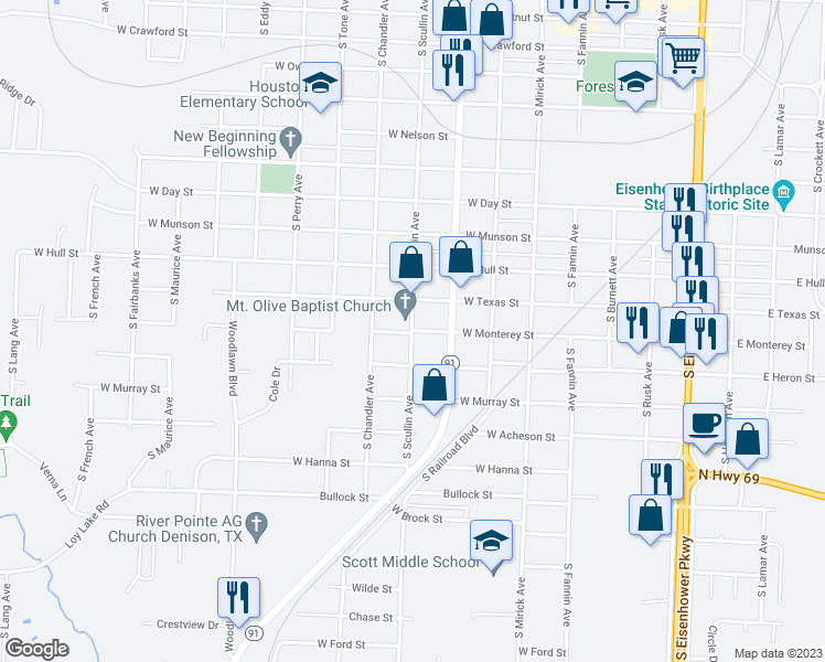 map of restaurants, bars, coffee shops, grocery stores, and more near 1200 South Scullin Avenue in Denison