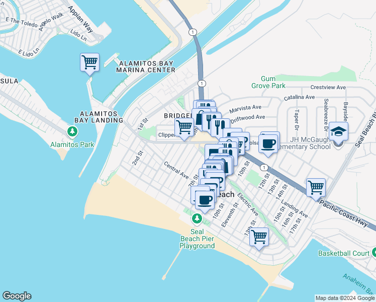 map of restaurants, bars, coffee shops, grocery stores, and more near 244 5th Street in Seal Beach