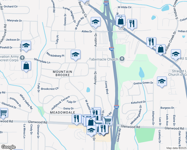 map of restaurants, bars, coffee shops, grocery stores, and more near 1625 Austin Drive in Decatur