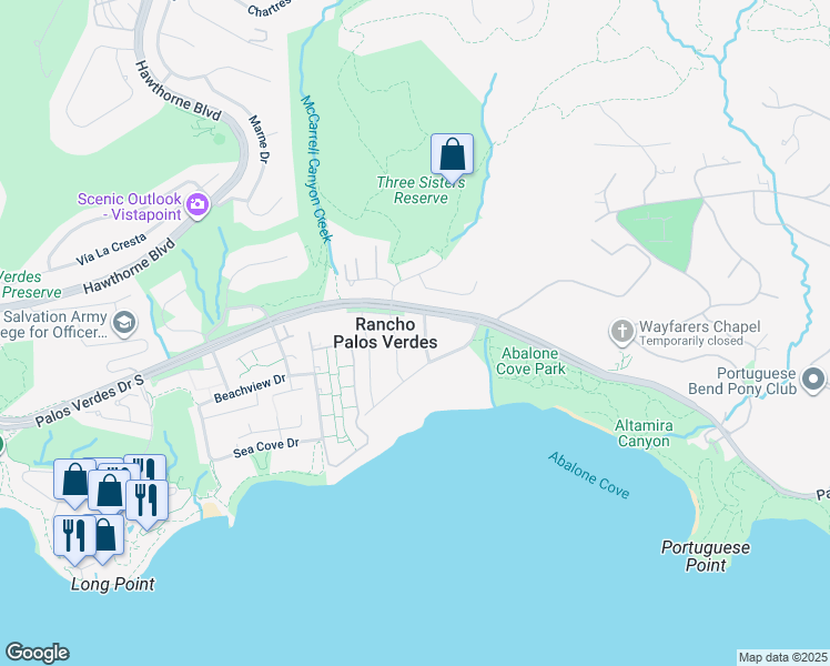 map of restaurants, bars, coffee shops, grocery stores, and more near 7 Clipper Road in Rancho Palos Verdes