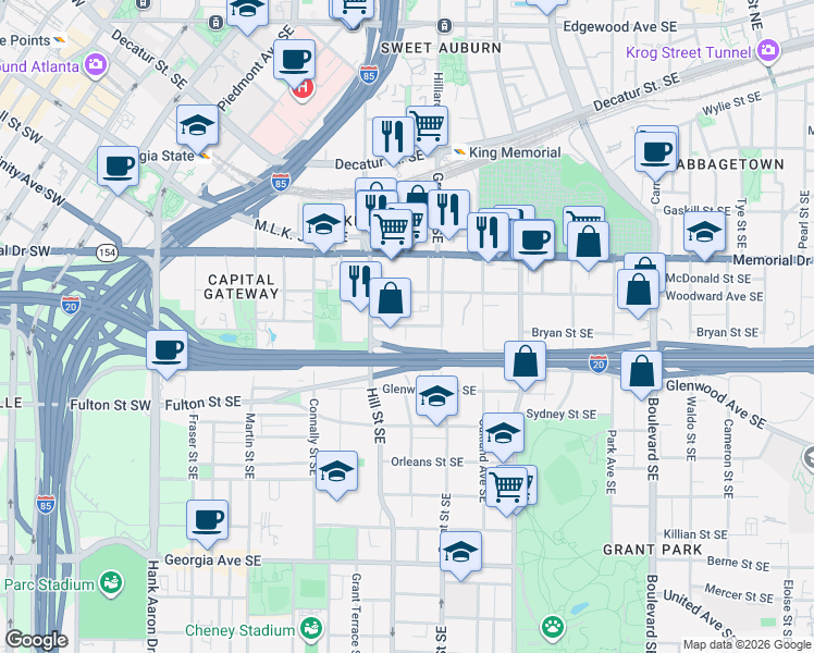 map of restaurants, bars, coffee shops, grocery stores, and more near Logan St SE & Broyles St SE in Atlanta