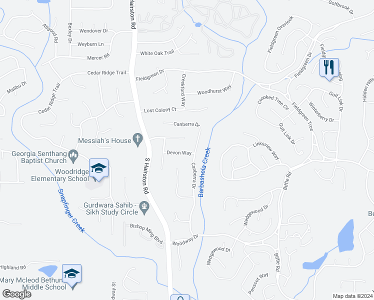 map of restaurants, bars, coffee shops, grocery stores, and more near 4778 Devon Way in Stone Mountain