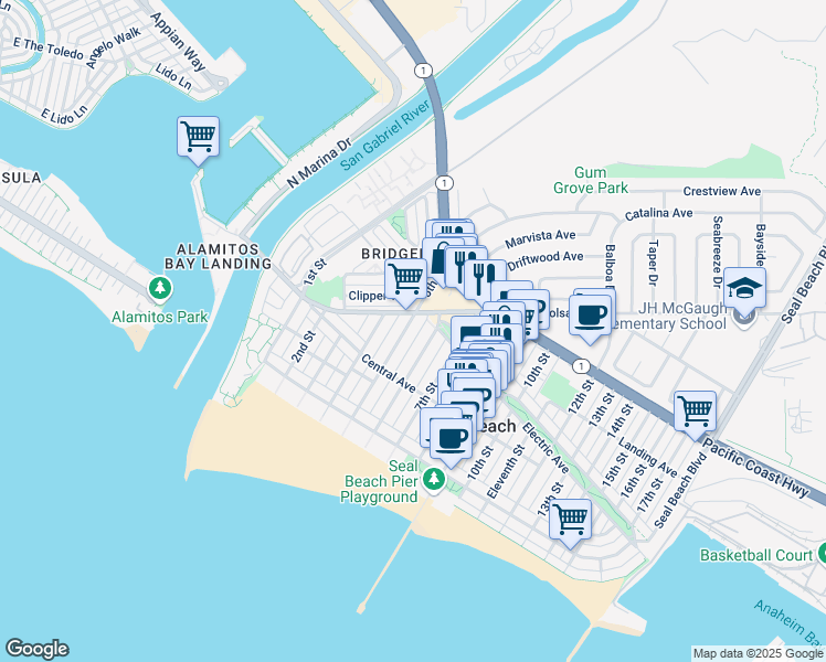 map of restaurants, bars, coffee shops, grocery stores, and more near 244 5th Street in Seal Beach