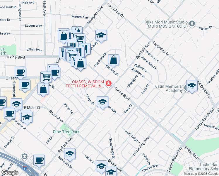 map of restaurants, bars, coffee shops, grocery stores, and more near 1461 Garland Avenue in Tustin