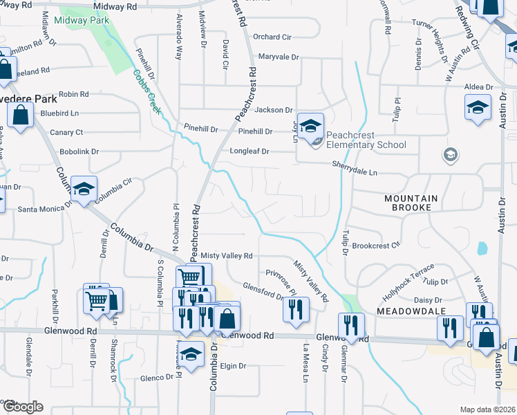 map of restaurants, bars, coffee shops, grocery stores, and more near 3445 Cobbs Ferry Drive in Decatur