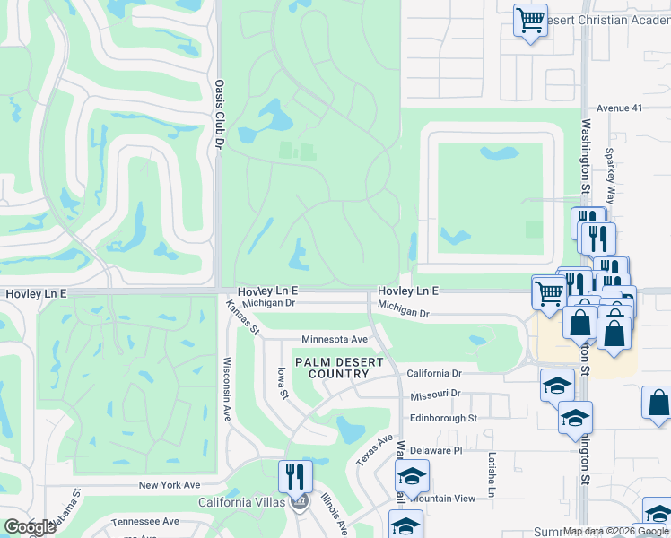 map of restaurants, bars, coffee shops, grocery stores, and more near 41915 Preston Trail in Palm Desert