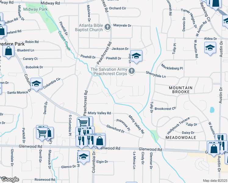 map of restaurants, bars, coffee shops, grocery stores, and more near 3445 Cobbs Ferry Drive in Decatur