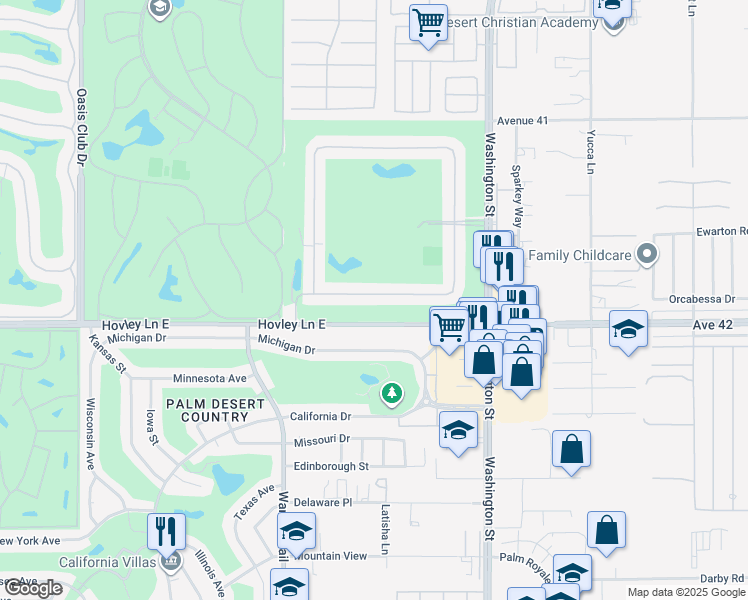 map of restaurants, bars, coffee shops, grocery stores, and more near 77739 Woodhaven Drive West in Palm Desert