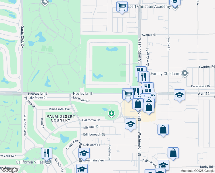 map of restaurants, bars, coffee shops, grocery stores, and more near 77739 Woodhaven Drive West in Palm Desert