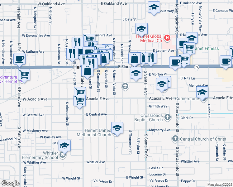 map of restaurants, bars, coffee shops, grocery stores, and more near 242 South Buena Vista Street in Hemet