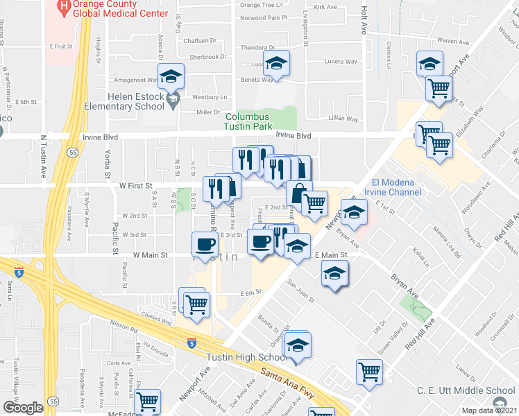 map of restaurants, bars, coffee shops, grocery stores, and more near 178 Preble Drive in Tustin