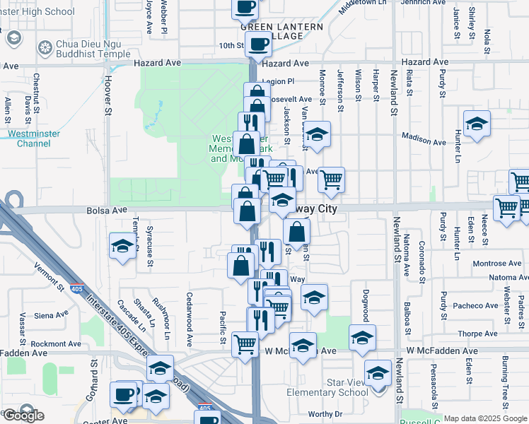 map of restaurants, bars, coffee shops, grocery stores, and more near 15052 Adams Street in Midway City