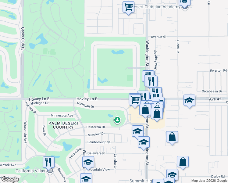 map of restaurants, bars, coffee shops, grocery stores, and more near 77743 Woodhaven Drive South in Palm Desert
