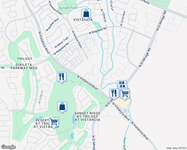 map of restaurants, bars, coffee shops, grocery stores, and more near North Vistancia Boulevard in Peoria