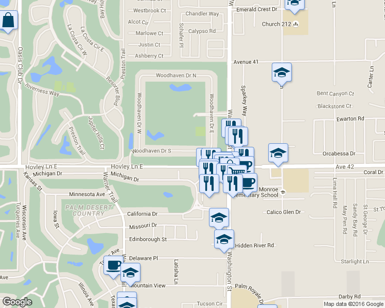 map of restaurants, bars, coffee shops, grocery stores, and more near 77827 Woodhaven Drive South in Palm Desert