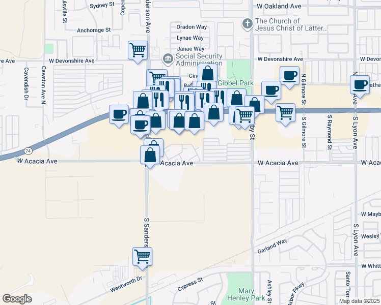 map of restaurants, bars, coffee shops, grocery stores, and more near 3030 West Acacia Avenue in Hemet