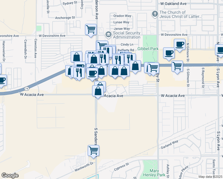 map of restaurants, bars, coffee shops, grocery stores, and more near 3030 West Acacia Avenue in Hemet
