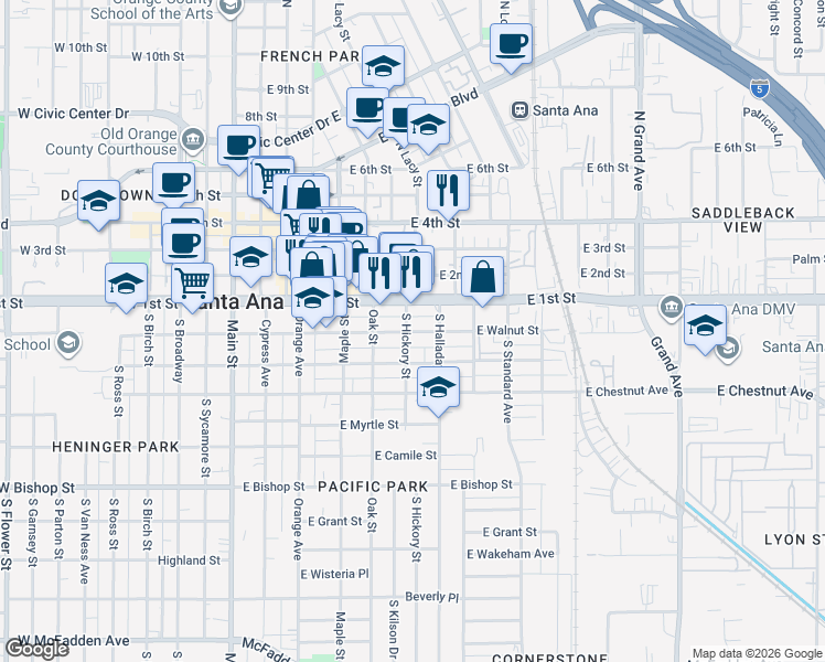 map of restaurants, bars, coffee shops, grocery stores, and more near 520 East Walnut Street in Santa Ana