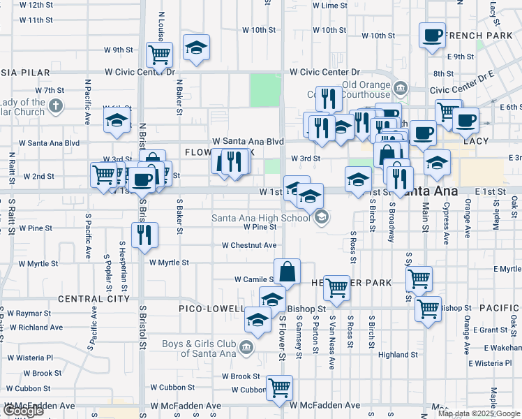 map of restaurants, bars, coffee shops, grocery stores, and more near 923 West Pine Street in Santa Ana